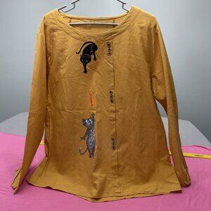 Gracila Women’s Plus 4XL CATS Blouse shirt top L/S Top Fish Cats Mustard MEOW
